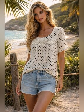 Madewell 100% Silk Polka Dot Blouse Size L Ruffle Front Cream Black Top